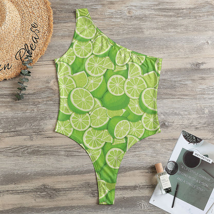 Green Lime Pattern Print One Shoulder Bodysuit