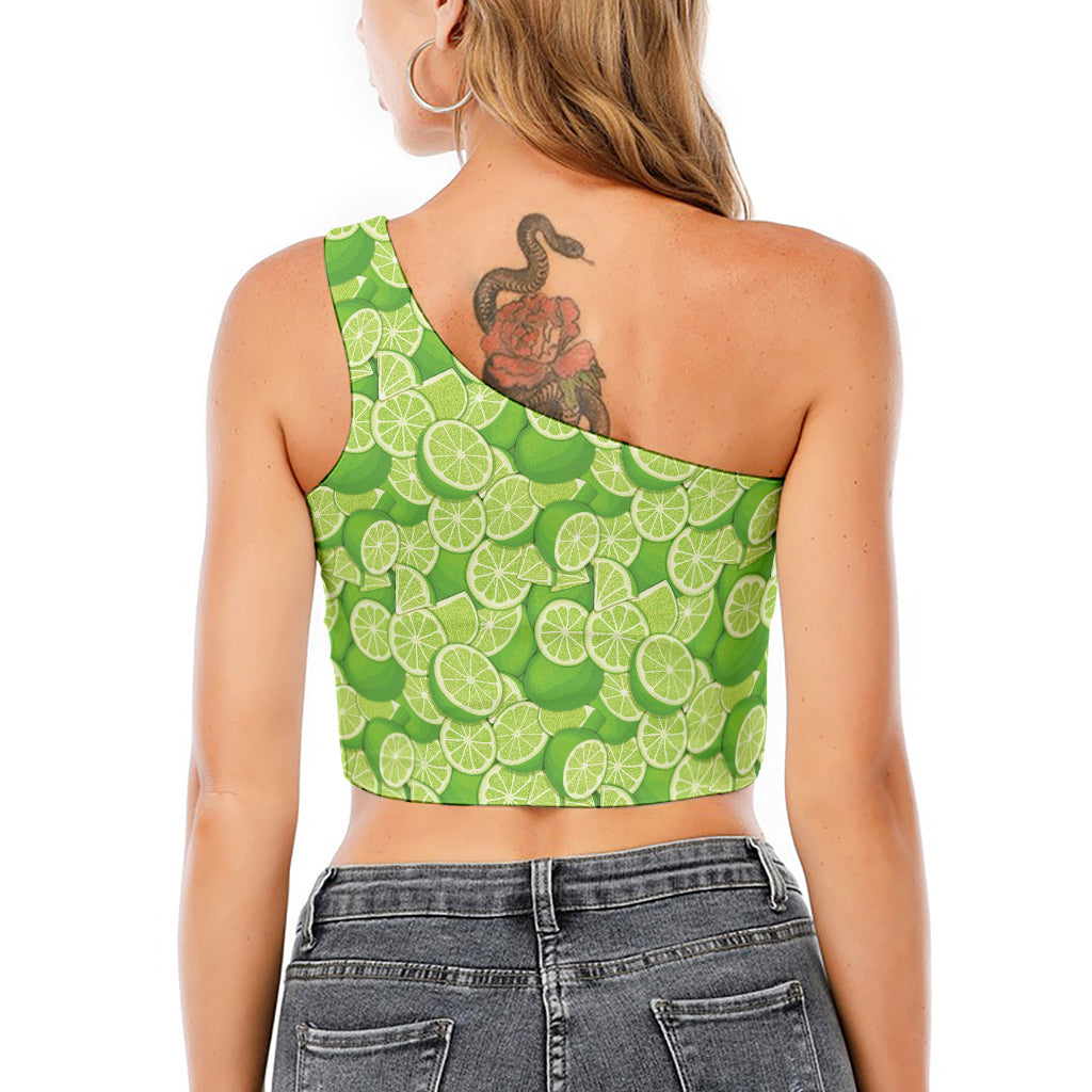 Green Lime Pattern Print One Shoulder Crop Top