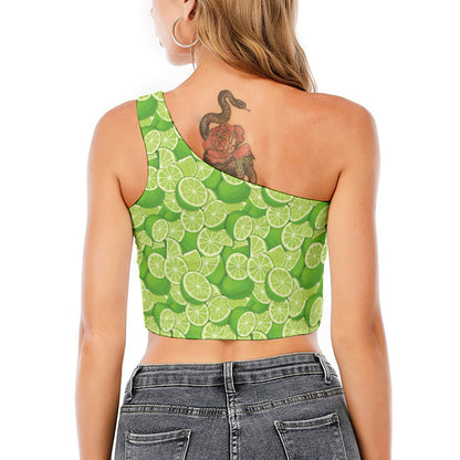 Green Lime Pattern Print One Shoulder Crop Top