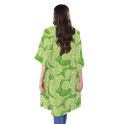 Green Lime Pattern Print Open Front Beach Cover Up