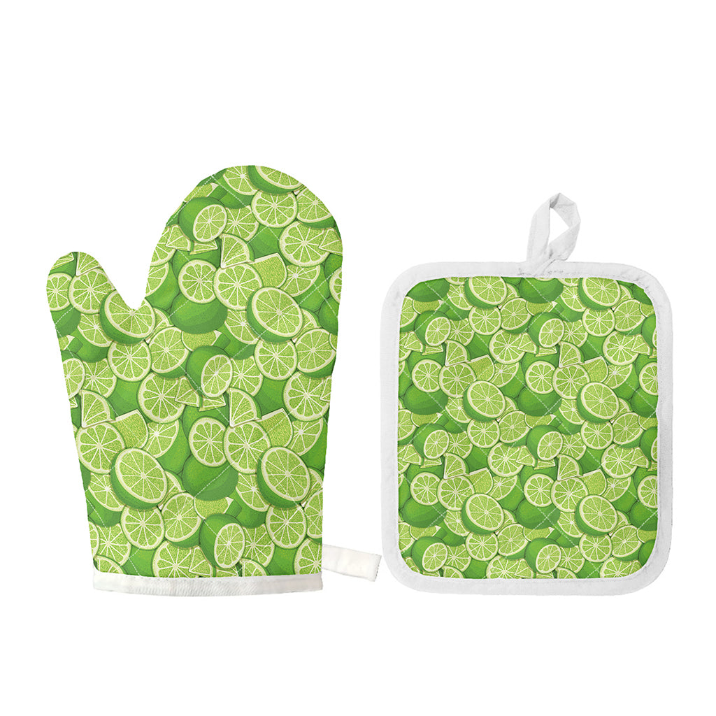 Green Lime Pattern Print Oven Mitt And Pot Holder Set
