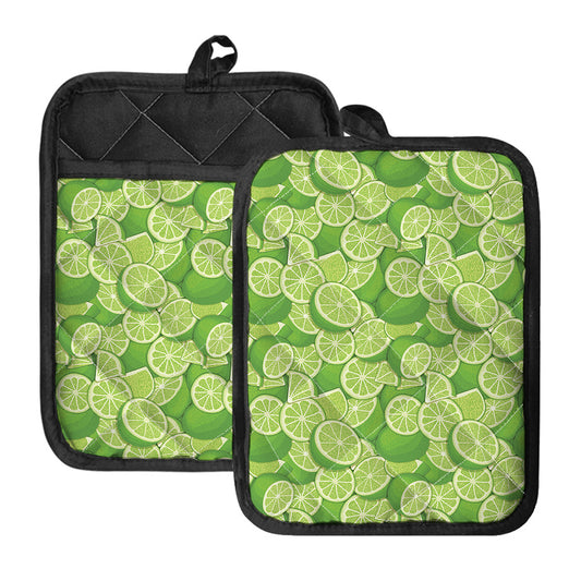 Green Lime Pattern Print Pot Holders With Pocket