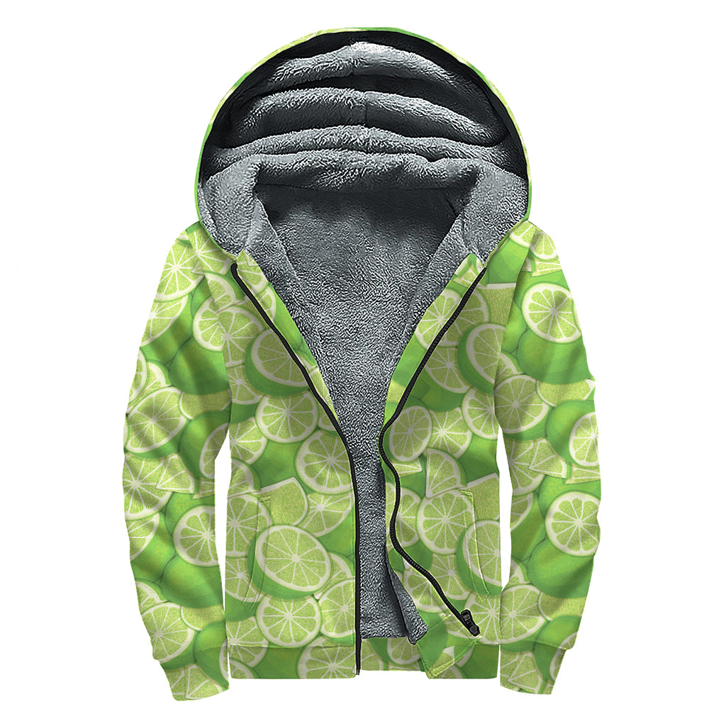 Green Lime Pattern Print Sherpa Lined Zip Up Hoodie