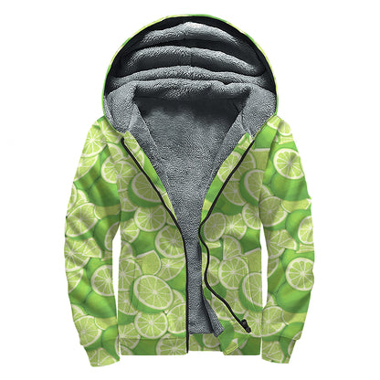 Green Lime Pattern Print Sherpa Lined Zip Up Hoodie