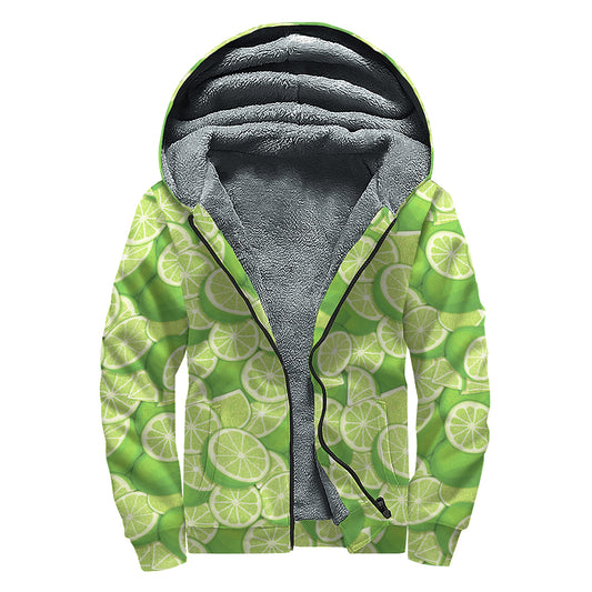 Green Lime Pattern Print Sherpa Lined Zip Up Hoodie