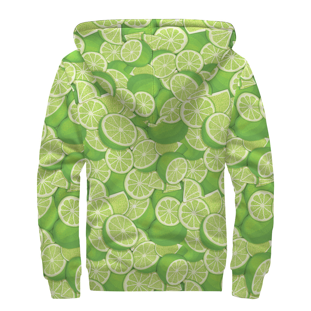 Green Lime Pattern Print Sherpa Lined Zip Up Hoodie