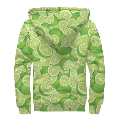 Green Lime Pattern Print Sherpa Lined Zip Up Hoodie