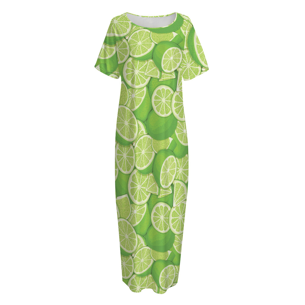 Green Lime Pattern Print Short Sleeve Long Nightdress