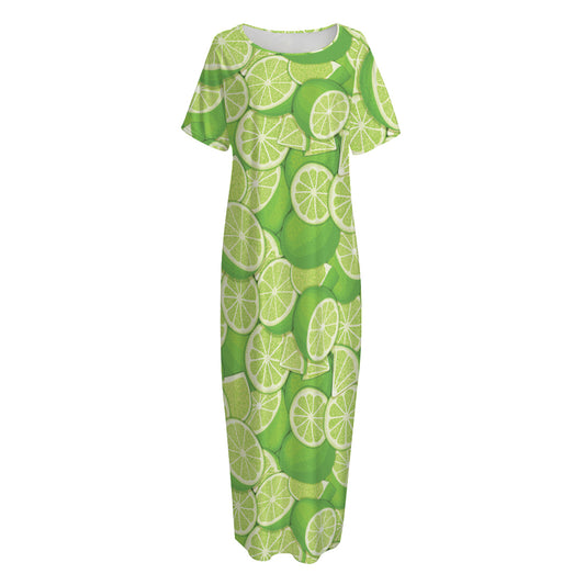 Green Lime Pattern Print Short Sleeve Long Nightdress