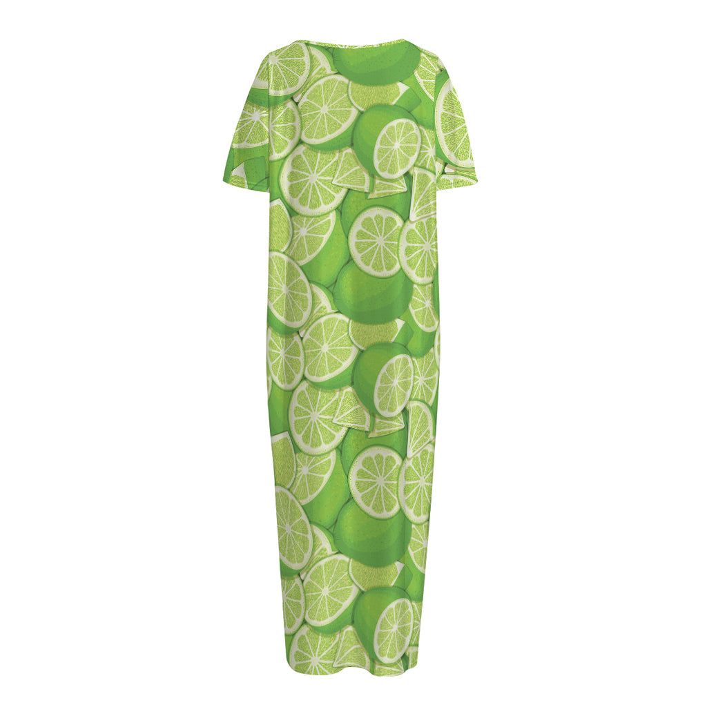 Green Lime Pattern Print Short Sleeve Long Nightdress