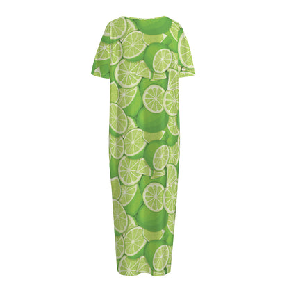 Green Lime Pattern Print Short Sleeve Long Nightdress