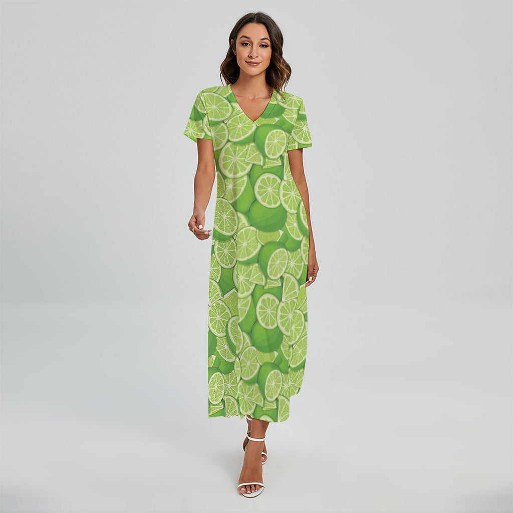 Green Lime Pattern Print Short Sleeve Maxi Dress
