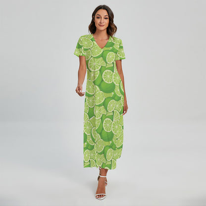 Green Lime Pattern Print Short Sleeve Maxi Dress