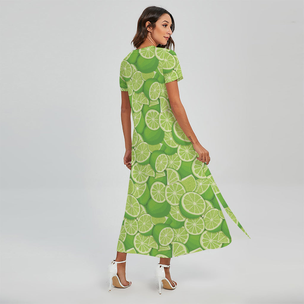 Green Lime Pattern Print Short Sleeve Maxi Dress