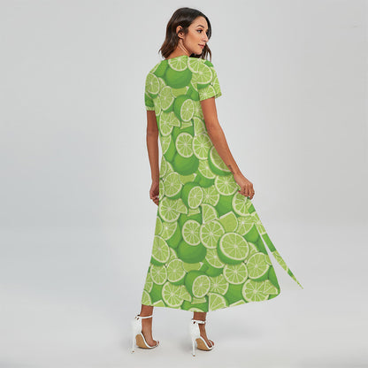 Green Lime Pattern Print Short Sleeve Maxi Dress