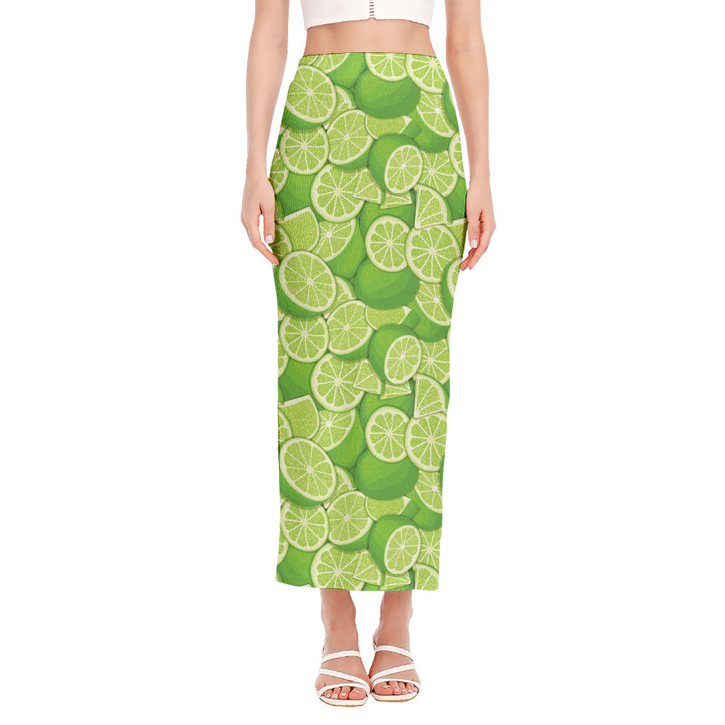 Green Lime Pattern Print Side Slit Maxi Skirt