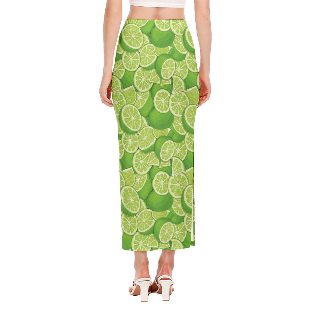 Green Lime Pattern Print Side Slit Maxi Skirt