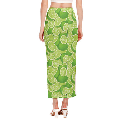 Green Lime Pattern Print Side Slit Maxi Skirt