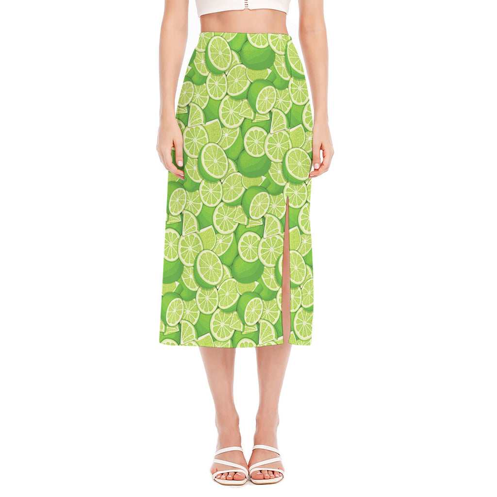 Green Lime Pattern Print Side Slit Midi Skirt