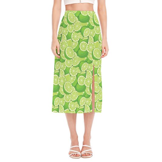 Green Lime Pattern Print Side Slit Midi Skirt