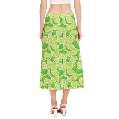 Green Lime Pattern Print Side Slit Midi Skirt