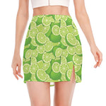 Green Lime Pattern Print Side Slit Mini Skirt