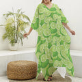 Green Lime Pattern Print Silk V-Neck Kaftan Dress