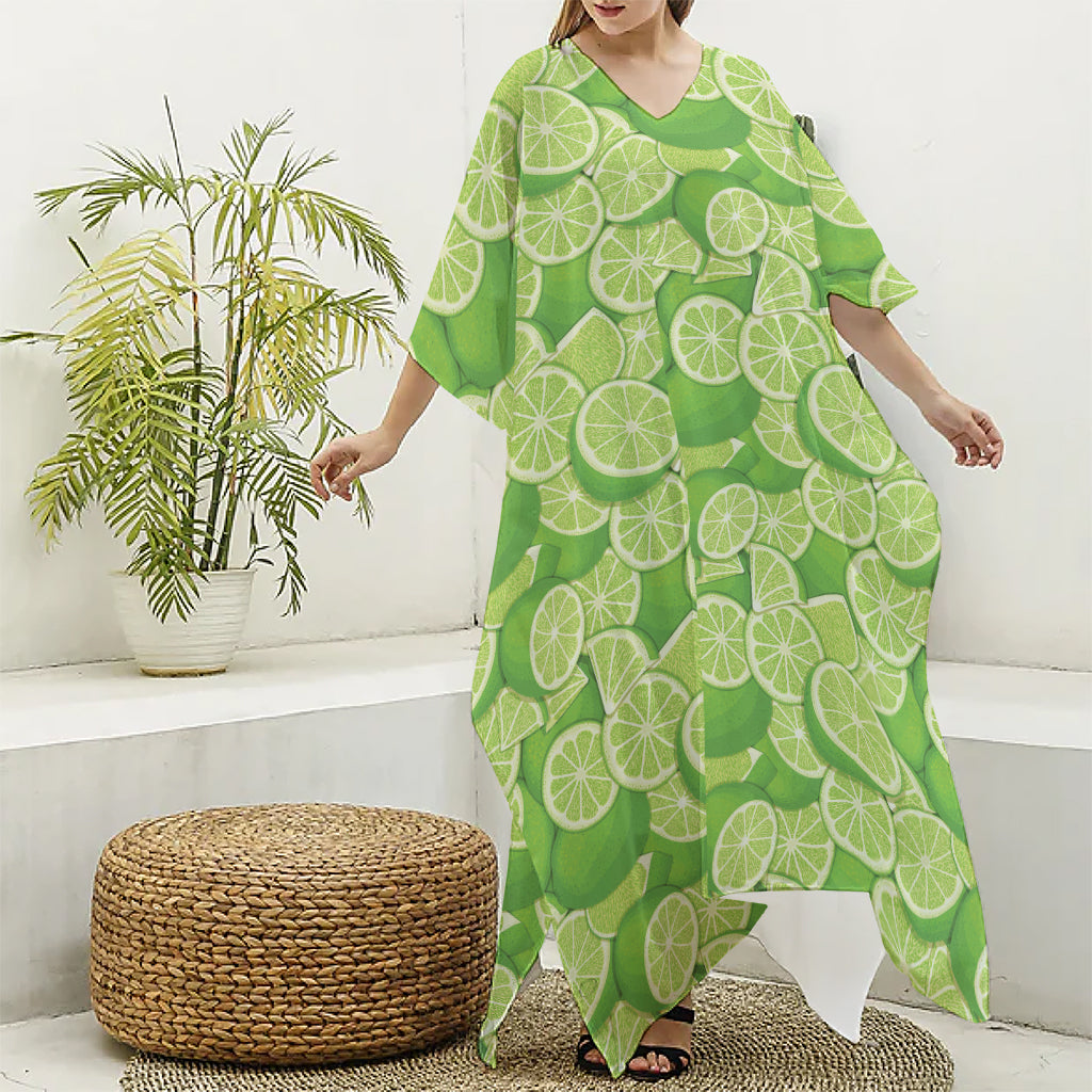 Green Lime Pattern Print Silk V-Neck Kaftan Dress