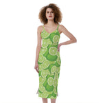 Green Lime Pattern Print Slim Fit Midi Cami Dress