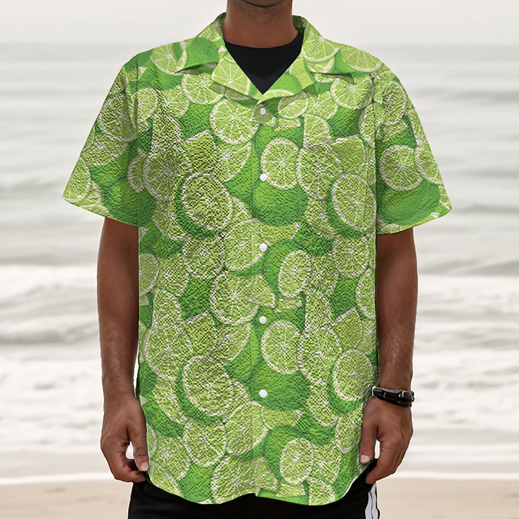 Green Lime Pattern Print Textured Short Sleeve Shirt