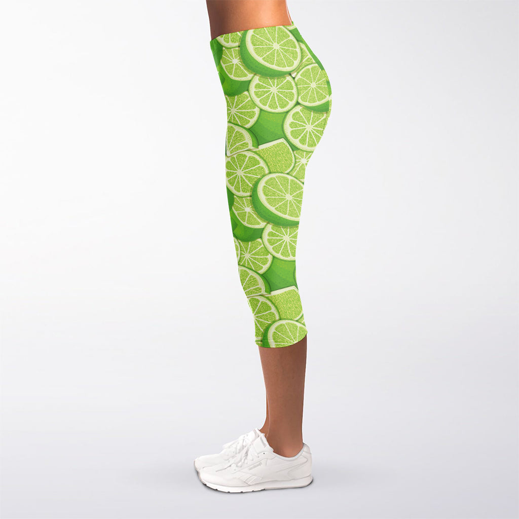 Green Lime Pattern Print Women's Capri Leggings