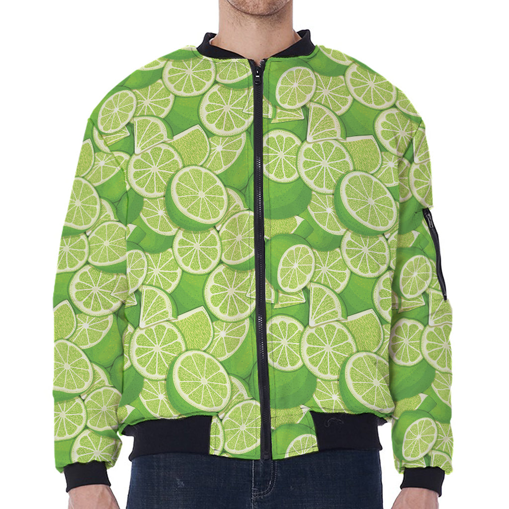 Green Lime Pattern Print Zip Sleeve Bomber Jacket