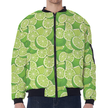 Green Lime Pattern Print Zip Sleeve Bomber Jacket