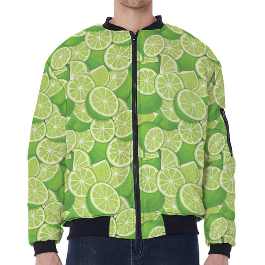 Green Lime Pattern Print Zip Sleeve Bomber Jacket