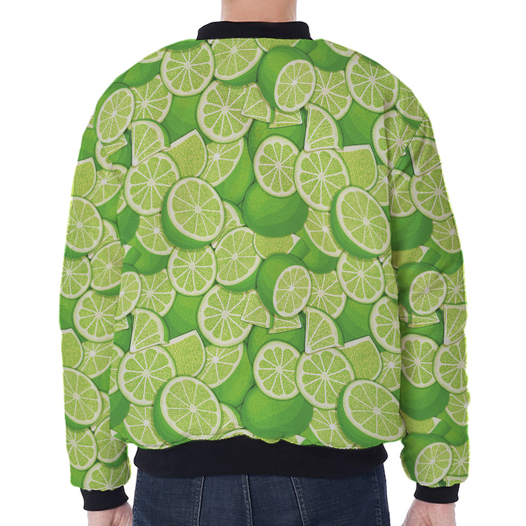 Green Lime Pattern Print Zip Sleeve Bomber Jacket