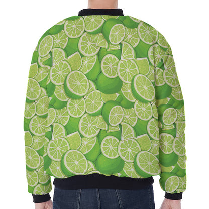 Green Lime Pattern Print Zip Sleeve Bomber Jacket