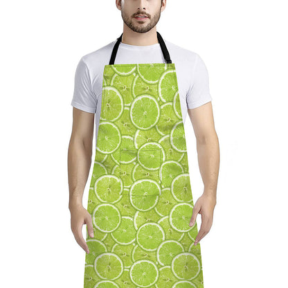 Green Lime Slices Pattern Print Bib Apron With Pocket