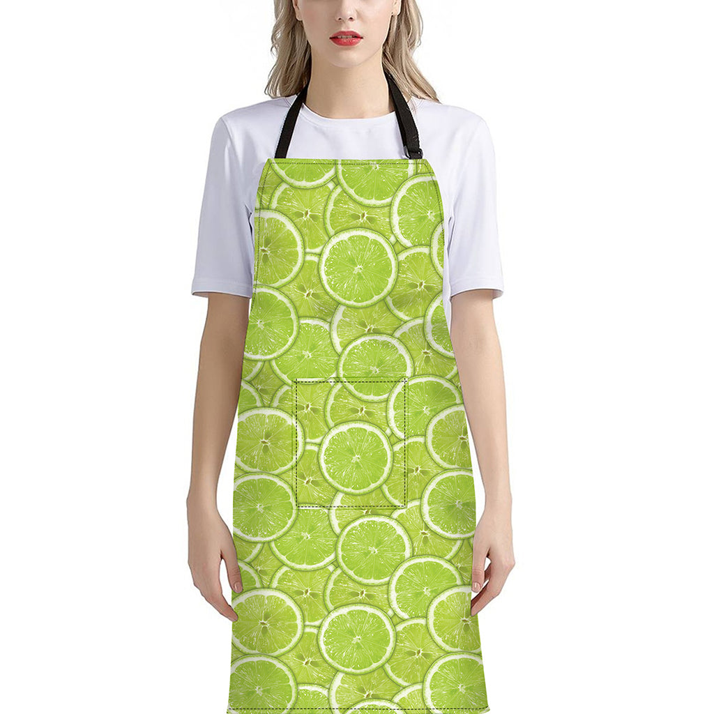 Green Lime Slices Pattern Print Bib Apron With Pocket