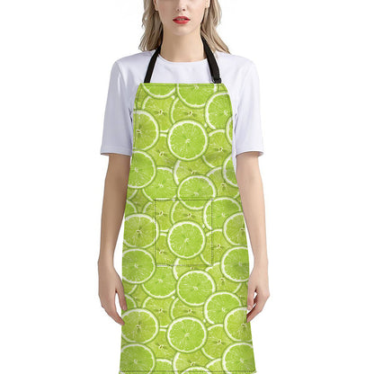 Green Lime Slices Pattern Print Bib Apron With Pocket