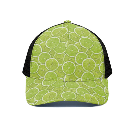 Green Lime Slices Pattern Print Black Mesh Trucker Cap
