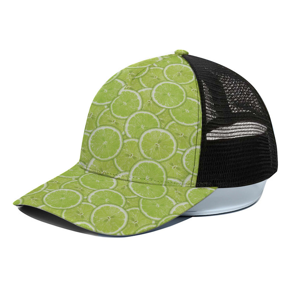 Green Lime Slices Pattern Print Black Mesh Trucker Cap
