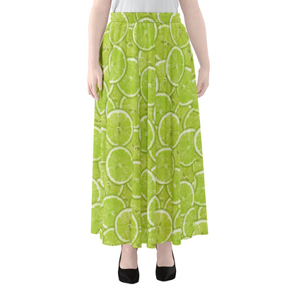 Green Lime Slices Pattern Print Chiffon Maxi Skirt
