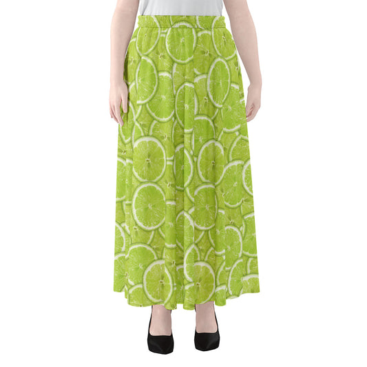Green Lime Slices Pattern Print Chiffon Maxi Skirt