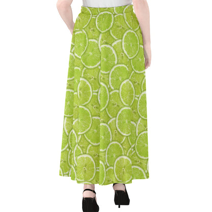 Green Lime Slices Pattern Print Chiffon Maxi Skirt