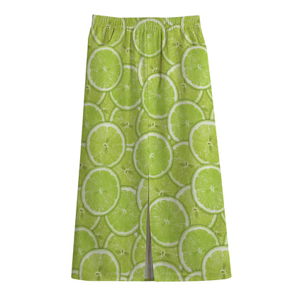 Green Lime Slices Pattern Print Cotton Front Slit Maxi Skirt