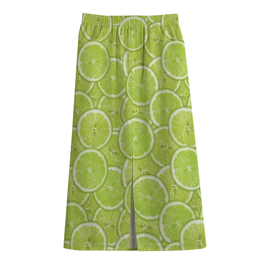 Green Lime Slices Pattern Print Cotton Front Slit Maxi Skirt