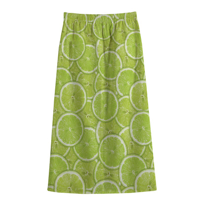 Green Lime Slices Pattern Print Cotton Front Slit Maxi Skirt