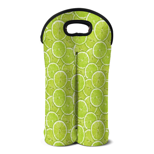 Green Lime Slices Pattern Print Double Neoprene Wine Tote