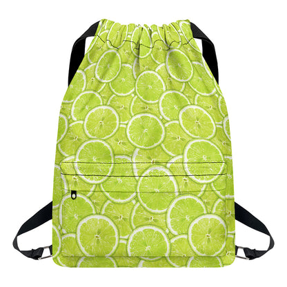 Green Lime Slices Pattern Print Drawstring Backpack