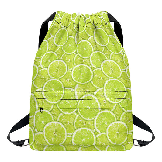 Green Lime Slices Pattern Print Drawstring Backpack